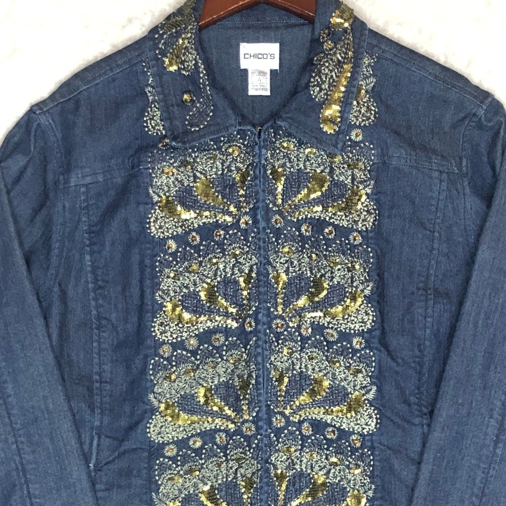 Chicos Womens Blue Denim Jacket Gold Sequin Beaded Embellished Zip Front